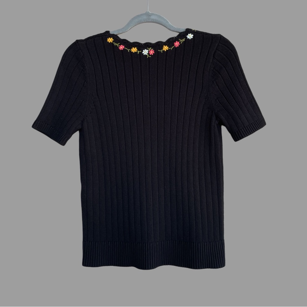 SEZANE NWT Black Floral Embroidered Short Sleeve Ribbed Knit Iliana Cardigan - Picture 8 of 13